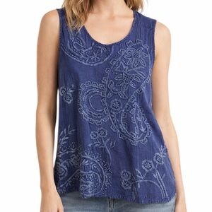 LUNA MOON Sleeveless Chambray Top with Floral Embroidery